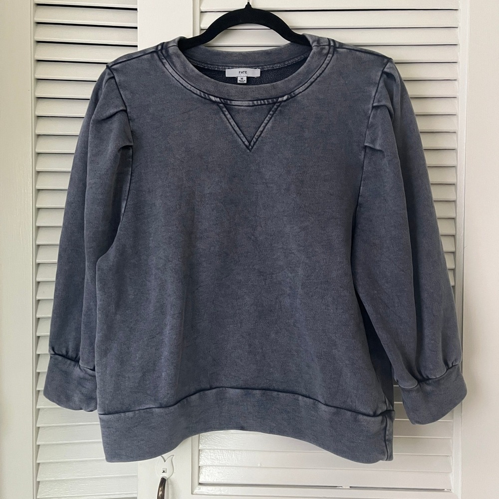 Fate Puff Sleeve Terry Pullover Sweatshirt Burnout Blue Sz M